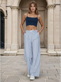 Mavi Bol Paça Poplin – Cepli Beli Bağcıklı Fisto Detaylı Rahat Kesim Pantolon