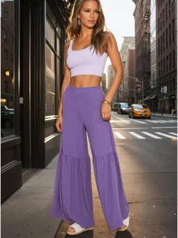 Mor Paçası Büzgü Detaylı Aerobin Kumaş Beli Lastikli Rahat Kesim Pantolon