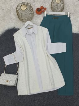 Ajurlu Desenli Sıfır Kol Triko Ekru Hırka