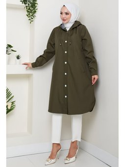 Astarı Çizgili Yan Cepli Kapüşonlu Haki Trençkot