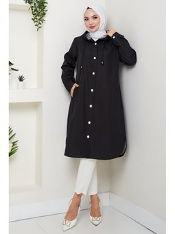 Astarı Çizgili Yan Cepli Kapüşonlu Siyah Trençkot