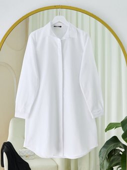 Beyaz Gizli Düğmeli Oval Kesim Uzun Gömlek