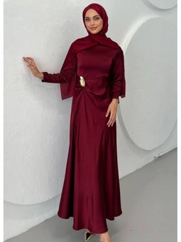 Bordo Beli Drapeli Düz Saten Abiye Elbise