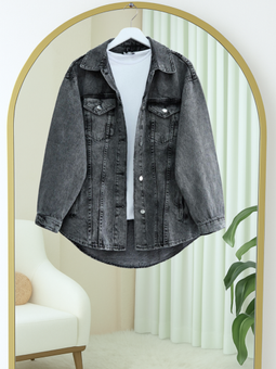 Boydan Düğmeli Cepli Kot Füme Ceket