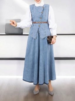 Çapraz Düğmeli Kemerli Yelek Etek Buz Mavi Kot Takım