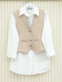 Cep Detaylı Düğmeli Scuba Bej Yelek