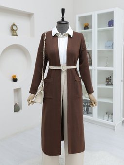 Cepli Yırtmaçlı Uzun Triko Kahve Hırka
