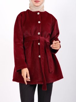 Düğmeli Beli Bağlamalı Kürklü Bordo Ceket