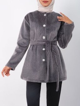 Düğmeli Beli Bağlamalı Kürklü Füme Ceket