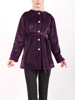 Düğmeli Beli Bağlamalı Kürklü Mürdüm Ceket