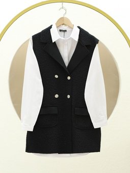 Düğmeli Çift Cepli Buklet Siyah Yelek