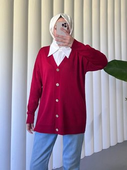 Düğmeli Fitilli Triko Kırmızı Hırka