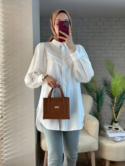 Ekru Güpür Püsküllü Ham Keten Balon Kol Gömlek