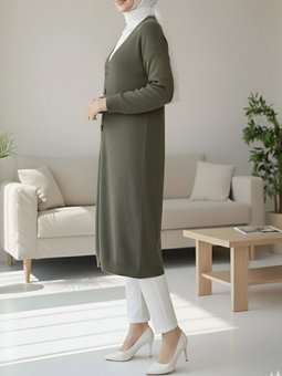 Fitilli Burgu Kumaş Düğmeli Uzun Haki Hırka