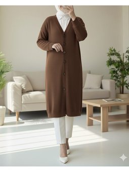 Fitilli Burgu Kumaş Düğmeli Uzun Kahve Hırka