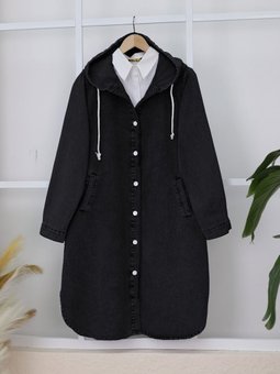 Kapüşonlu Düğmeli Oval Kesim Kot Siyah Kap