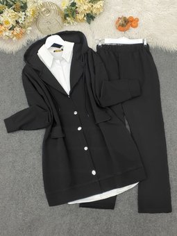 Kapüşonlu Kapaklı Cepli Pantolonlu Siyah Takım