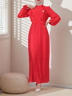 Kemerli Pliseli Saten Kırmızı Elbise