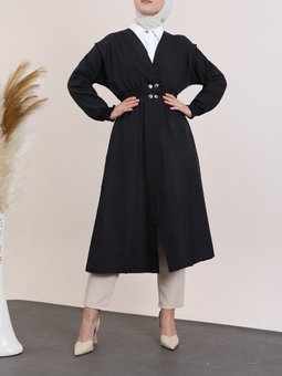 Kolu Ve Beli Lastikli Çıtçıtlı Keten Siyah Kap