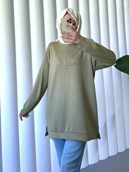 Kuş Desenli Taşlı Oysho Haki Tunik