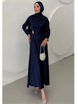 Laci Beli Drapeli Düz Saten Abiye Elbise