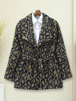 Leopar Desenli Astarlı Beli Bağlamalı Kaşe Gri Ceket