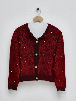 Metal Düğmeli Taş Detaylı Yumoş Kırmızı Hırka