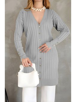 Metal Düğmeli Yırtmaçlı Triko Gri Hırka