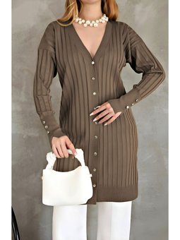 Metal Düğmeli Yırtmaçlı Triko Kahve Hırka