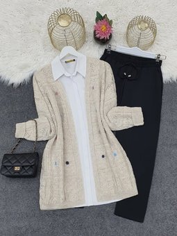 Nakışlı Kare Desenli Ajurlu Triko Taş Hırka