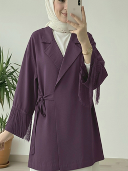 Önü Bağlamalı Kolu Püskül Detaylı Kimono Mürdüm Ceket