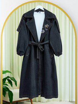 Önü Taş Detaylı Beli Bağcıklı Kot Siyah Trençkot