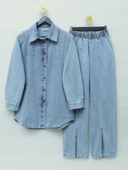 Paçası Yırtmaçlı Taş Detaylı İkili Buz Mavi Kot Takım