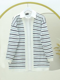 Renkli Çizgili Fileli Triko Beyaz Hırka