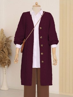 Saç Örgü Detaylı Düğmeli Kalın Triko Bordo Hırka