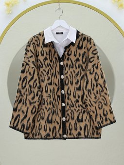Şardonlu Leopar Desenli Yumoş Triko Vizon Hırka