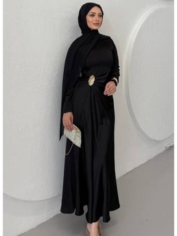 Siyah Beli Drapeli Düz Saten Abiye Elbise