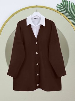 V Yaka Düğmeli Oversize Triko Kahve Hırka