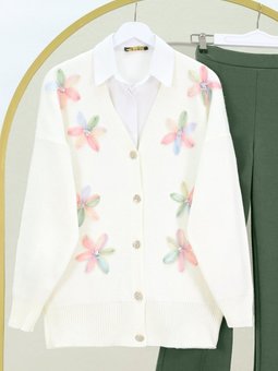 V Yaka Organze Tül Çiçek Nakışlı Triko Pudra Hırka