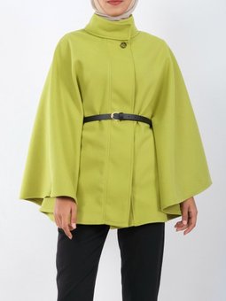 Yağ Yeşili Tek Düğme Kemerli Panço