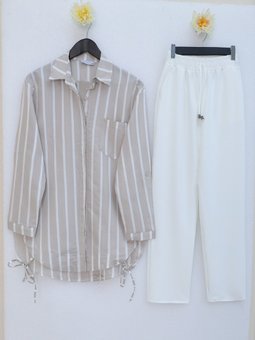 Yandan Bağlamalı Cepli Çizgili Vizon Gömlek