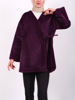 Yandan Bağlamalı Kürklü Mürdüm Ceket