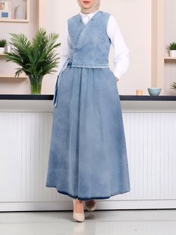 Yandan Bağlamalı Yelek Etek Buz Mavi Kot Takım