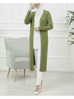 Yanları Yırtmaçlı Fitilli Uzun Triko Haki Hırka