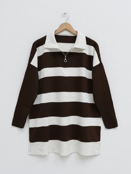 Yarım Fermuarlı Yırtmaçlı Triko Kahve Tunik