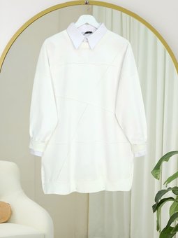 Yuvarlak Yaka Çimalı Yırtmaçlı Salaş Penye Beyaz Tunik