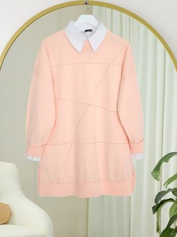 Yuvarlak Yaka Çimalı Yırtmaçlı Salaş Penye Somon Tunik