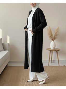 Zikzak Desenli Uzun Triko Siyah Hırka