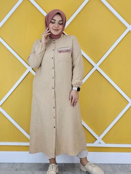 Bej Hakim Yaka Taş Ve Şerit Detaylı Düğmeli Kap