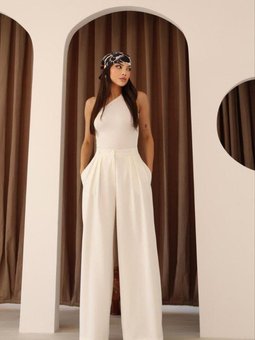 Beyaz Pileli Palazzo Kumaş Bol Paça Yüksek Bel Pantolon